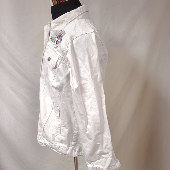 Collections Etc Womens Large Embroidered Floral Boho Art Deco White Denim Jacket - Picture 11 of 15